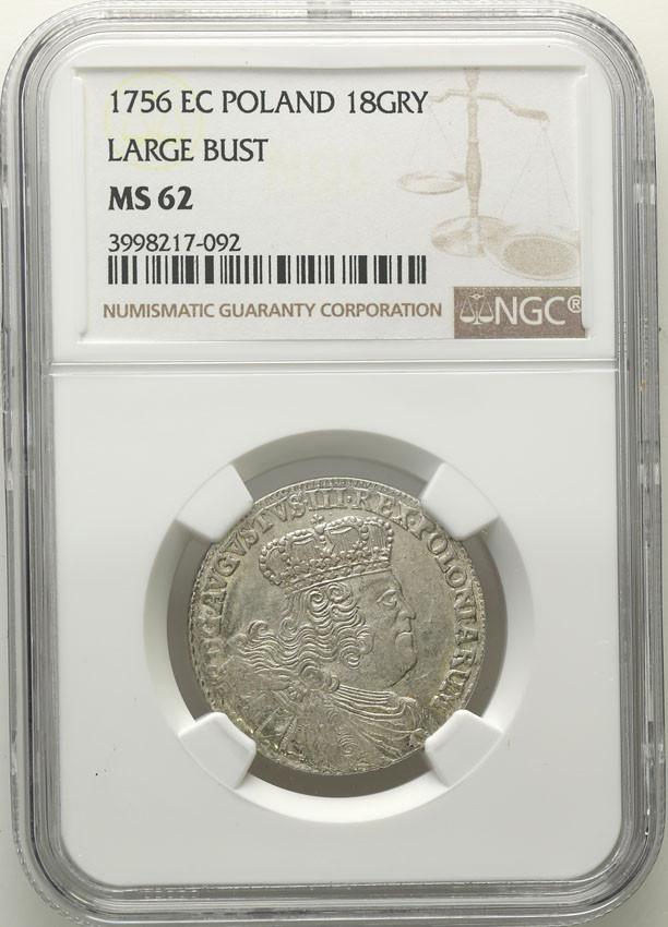 August III Sas. Ort (18 groszy) 1756, Lipsk NGC MS62